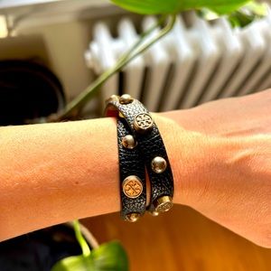 Tory burch leather stud wrap around black bracelet
